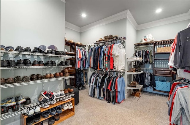 walk in closet with light colored carpet