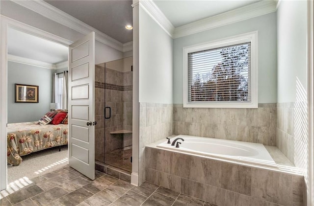 bathroom featuring plus walk in shower and crown molding