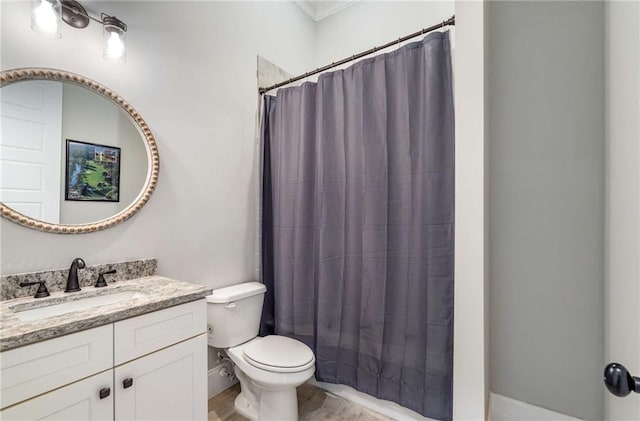 bathroom with toilet, vanity, hardwood / wood-style floors, and a shower with shower curtain