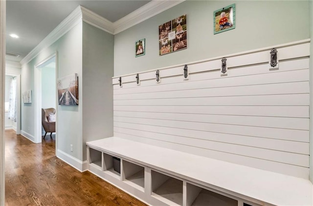 mudroom featuring hardwood / wood-style floors and ornamental molding