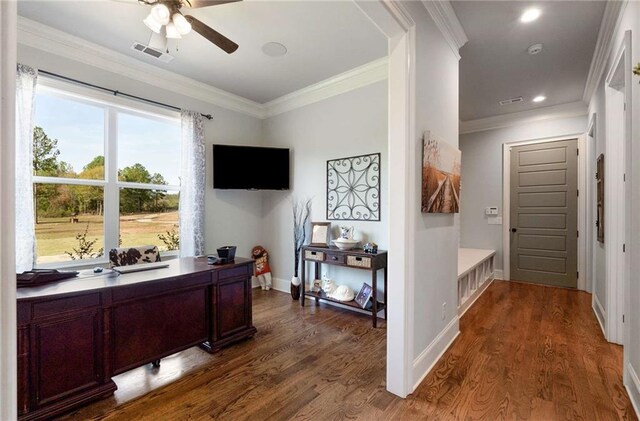 office space featuring dark hardwood / wood-style floors, ceiling fan, and crown molding