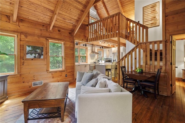 living room featuring beamed ceiling, a healthy amount of sunlight, dark wood-type flooring, and wooden walls