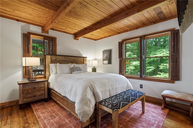 bedroom with beamed ceiling, wood ceiling, and hardwood / wood-style flooring