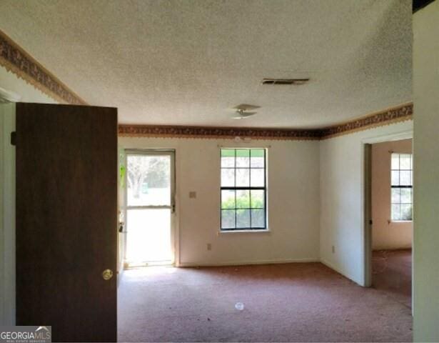 carpeted empty room featuring visible vents and a textured ceiling