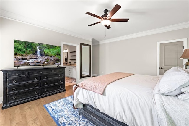 5821 Abbey View Ct, Clermont, GA 30527 - bedroom featuring ornamental molding, light wood-type flooring, a ceiling fan, and connected bathroom
