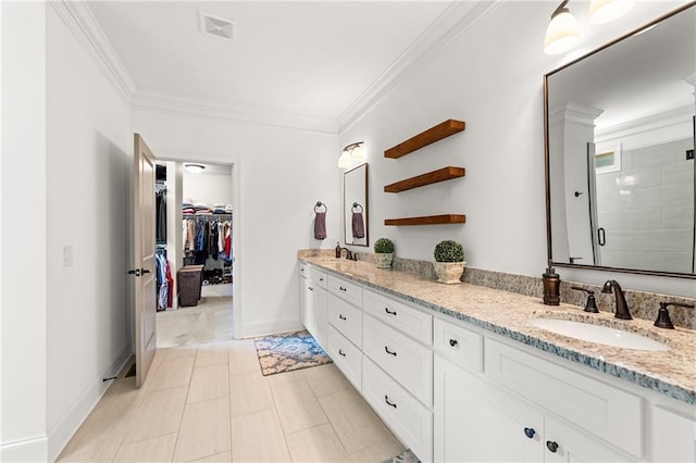 5821 Abbey View Ct, Clermont, GA 30527 - full bathroom with double vanity, ornamental molding, a stall shower, and a spacious closet
