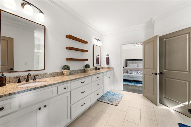 5821 Abbey View Ct, Clermont, GA 30527 - ensuite bathroom featuring double vanity, ornamental molding, and a ceiling fan