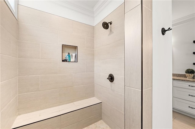5821 Abbey View Ct, Clermont, GA 30527 - full bath with crown molding, a tile shower, and vanity