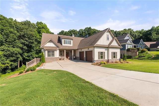 5821 Abbey View Ct, Clermont, GA 30527 - craftsman-style house featuring board and batten siding, a garage, a front yard, driveway, and a chimney