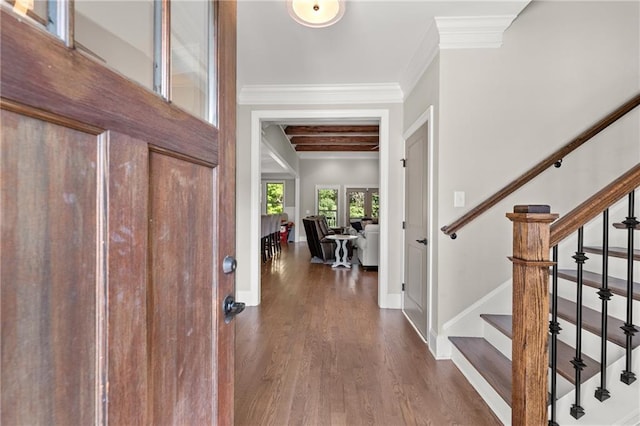 5821 Abbey View Ct, Clermont, GA 30527 - entryway with wood finished floors, ornamental molding, stairway, and beamed ceiling