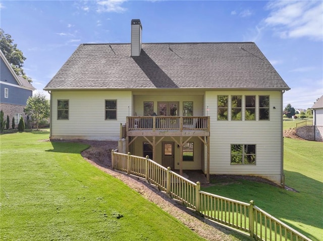 5821 Abbey View Ct, Clermont, GA 30527 - back of house featuring a yard, a chimney, a deck, and a shingled roof
