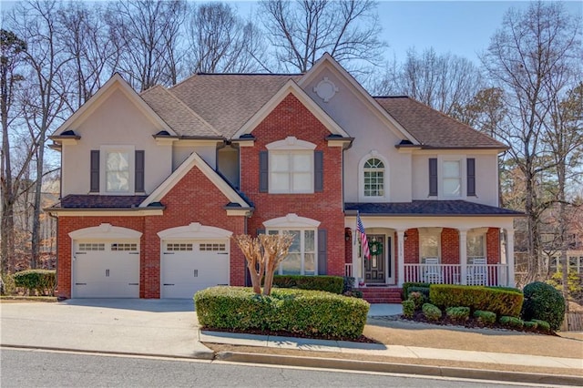 view of front of property with stucco siding, concrete driveway, a shingled roof, a garage, and brick siding