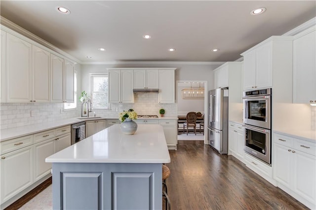 kitchen with under cabinet range hood, dark wood finished floors, stainless steel appliances, white cabinetry, and a sink