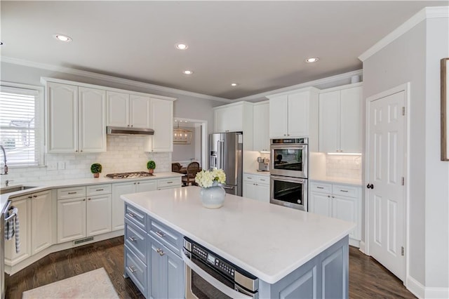 kitchen featuring under cabinet range hood, white cabinetry, stainless steel appliances, and a sink