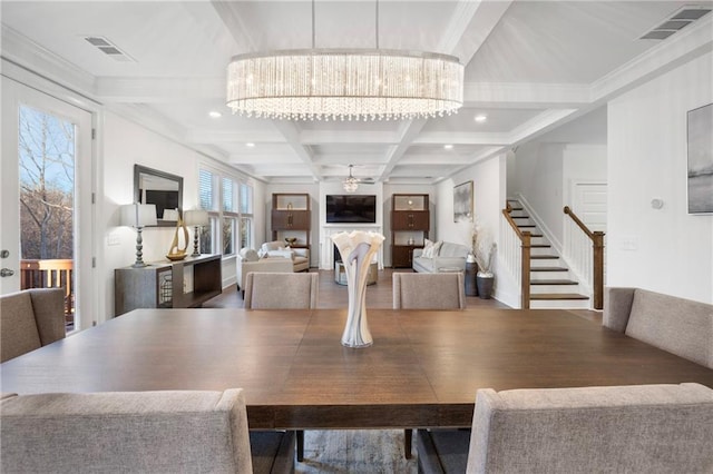 dining area with visible vents, stairway, a chandelier, coffered ceiling, and beamed ceiling