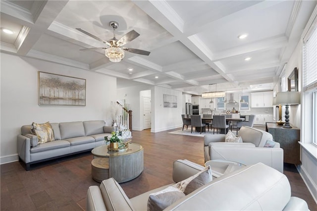 living area featuring beamed ceiling, dark wood-style flooring, recessed lighting, and baseboards