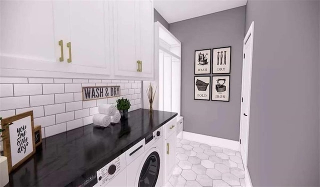 washroom with cabinets, light tile patterned floors, and independent washer and dryer