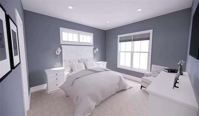 bedroom featuring light colored carpet