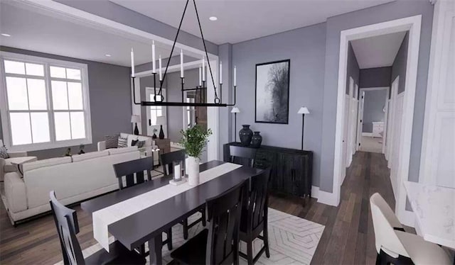 dining area featuring a notable chandelier, dark hardwood / wood-style floors, and beamed ceiling