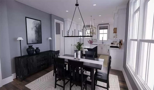 dining area with dark hardwood / wood-style flooring and sink