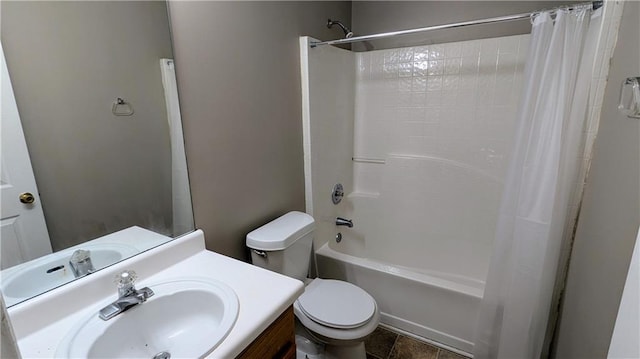 full bathroom featuring shower / bath combination with curtain, toilet, and vanity