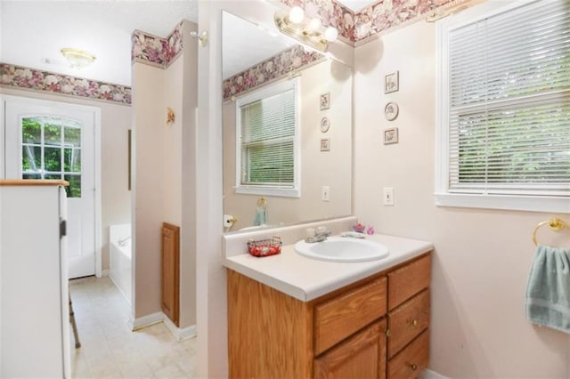 bathroom featuring vanity and a washtub