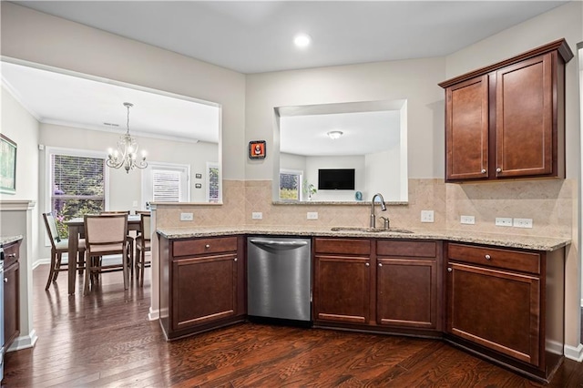 1655 Hampton Oaks Dr, Alpharetta, GA 30004 - kitchen featuring dishwasher, a chandelier, dark wood-type flooring, decorative backsplash, and light stone counters