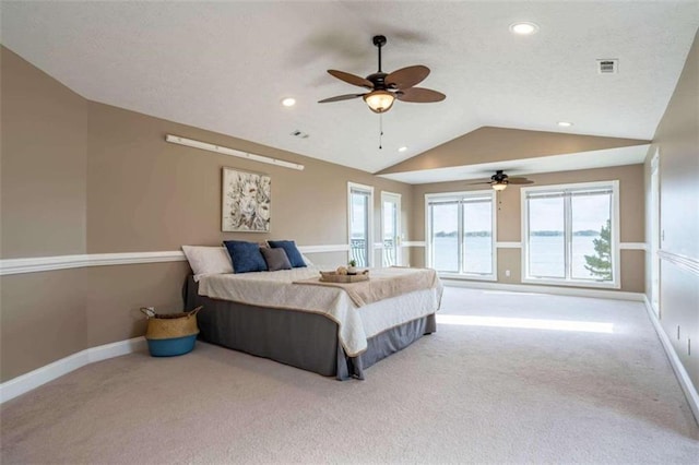 bedroom featuring carpet floors, recessed lighting, baseboards, and vaulted ceiling