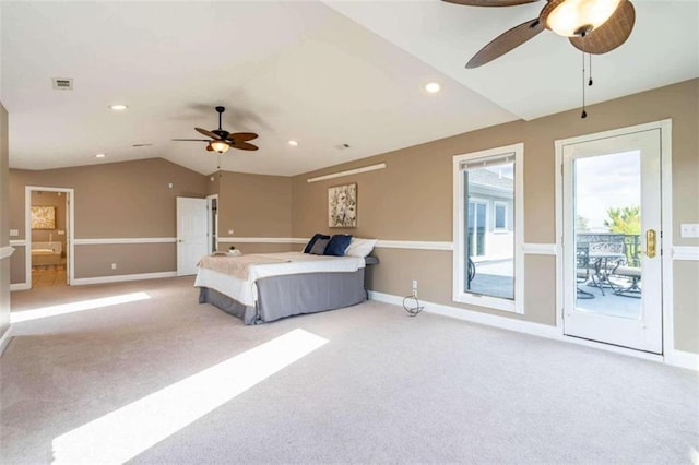 bedroom featuring access to outside, carpet floors, baseboards, lofted ceiling, and visible vents