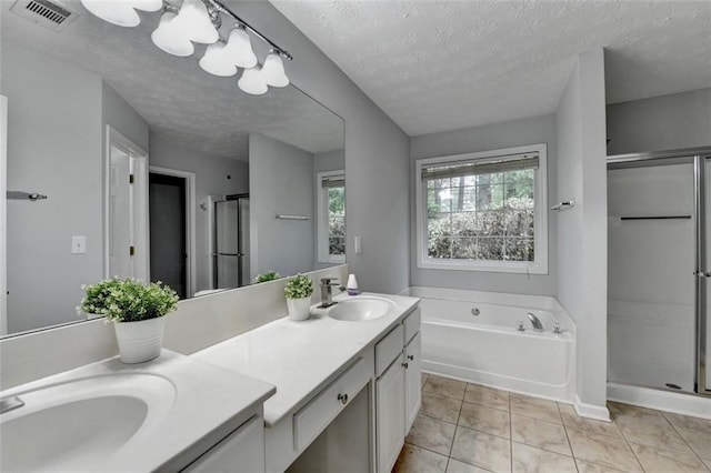 1965 Sterling Creek Ct, Snellville, GA 30078 - bathroom with a shower stall, double vanity, a bath, a textured ceiling, and tile patterned flooring