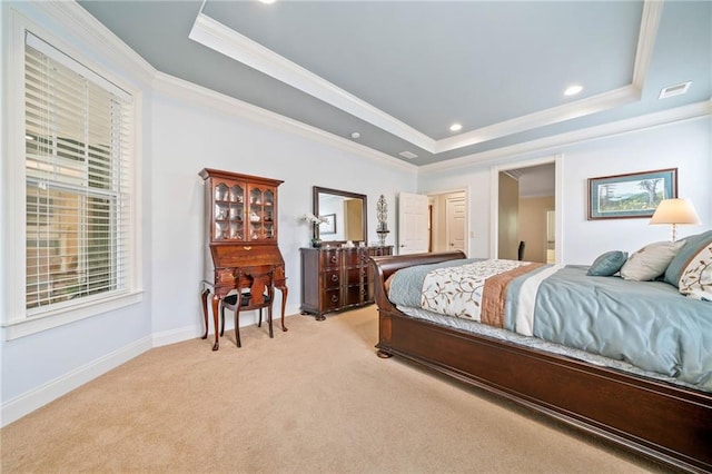 bedroom featuring a raised ceiling, crown molding, light colored carpet, baseboards, and recessed lighting