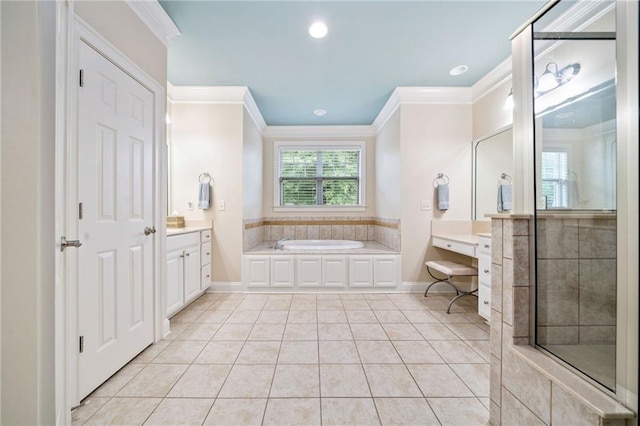 full bathroom with ornamental molding, vanity, a tile shower, a garden tub, and tile patterned flooring