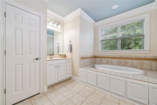 bathroom with crown molding, vanity, a bath, and tile patterned floors