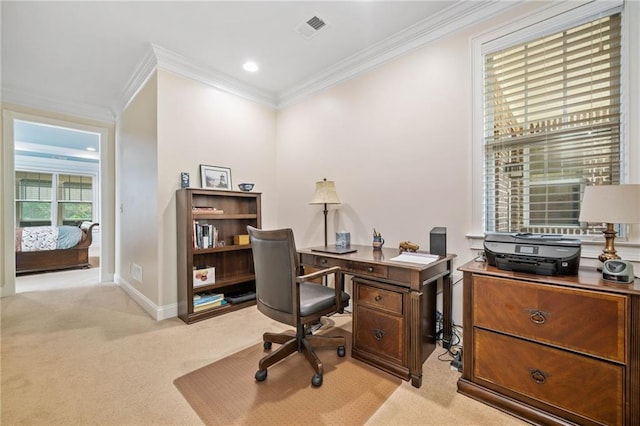 office space with carpet floors, ornamental molding, baseboards, and recessed lighting