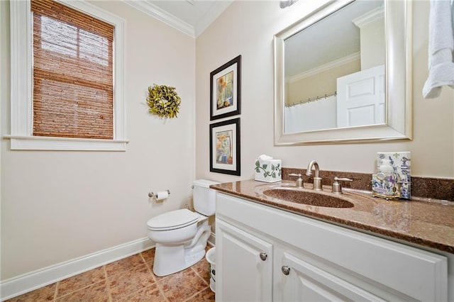 full bathroom with baseboards, ornamental molding, vanity, toilet, and tile patterned flooring