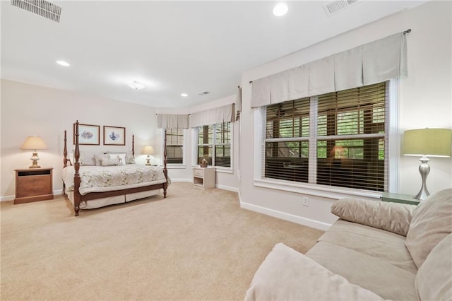 bedroom featuring baseboards, carpet floors, and recessed lighting