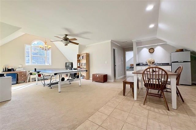 game room featuring light carpet, crown molding, vaulted ceiling, and ceiling fan with notable chandelier