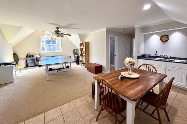 playroom with crown molding, sink, light colored carpet, and ceiling fan