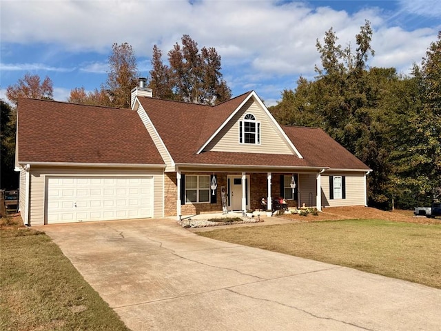 view of front of property with a garage, a front lawn, and covered porch