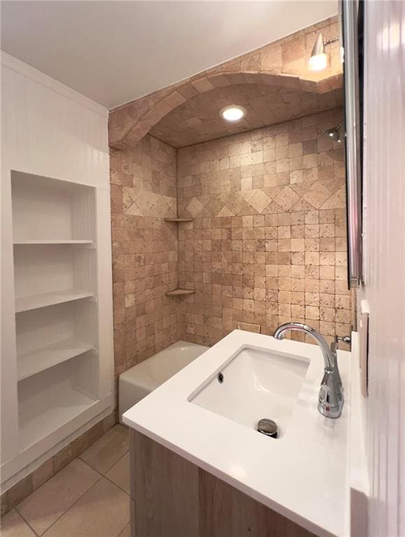 2285 Peachtree Rd NE Unit 1202, Atlanta, GA 30309 - bathroom with tile patterned floors, vanity, a shower, and a tub