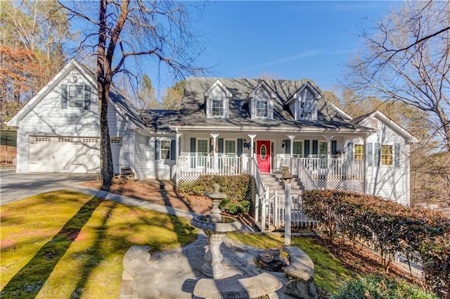 new england style home featuring a garage and covered porch