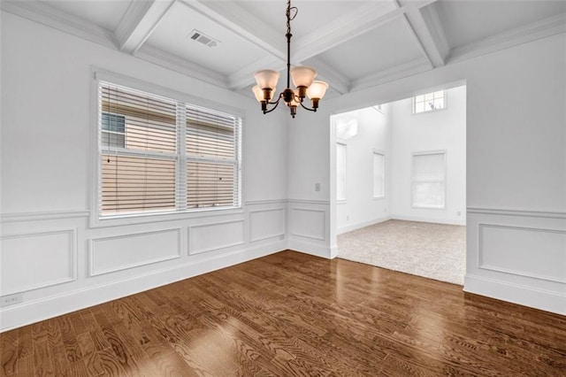 7601 Watson Cir, Locust Grove, GA 30248 - unfurnished dining area with a chandelier, coffered ceiling, beam ceiling, wood finished floors, and wainscoting