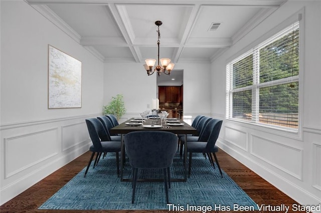 7601 Watson Cir, Locust Grove, GA 30248 - dining area featuring dark wood-type flooring, a chandelier, a decorative wall, beamed ceiling, and wainscoting