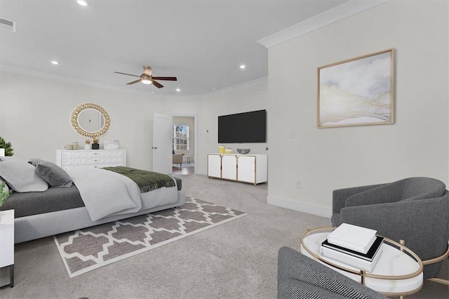 carpeted bedroom with visible vents, baseboards, ornamental molding, recessed lighting, and a ceiling fan