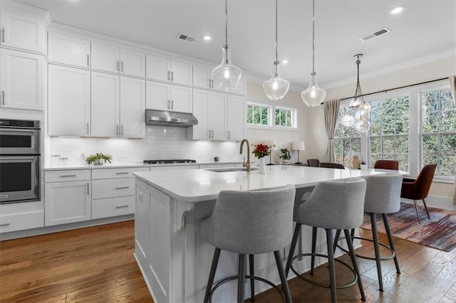 kitchen featuring crown molding, visible vents, under cabinet range hood, and a sink