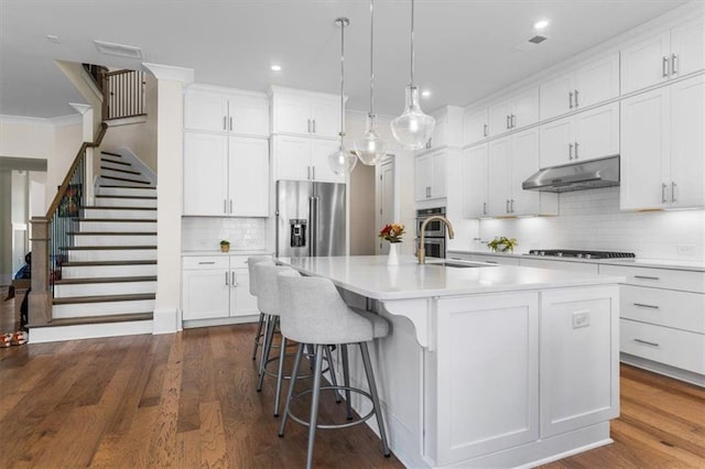 kitchen with a sink, dark wood-type flooring, under cabinet range hood, stainless steel appliances, and a kitchen island with sink