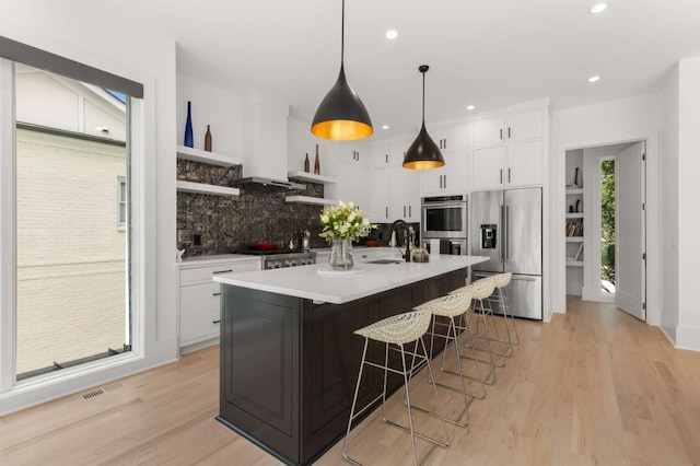 kitchen with appliances with stainless steel finishes, open shelves, white cabinets, decorative backsplash, and light countertops
