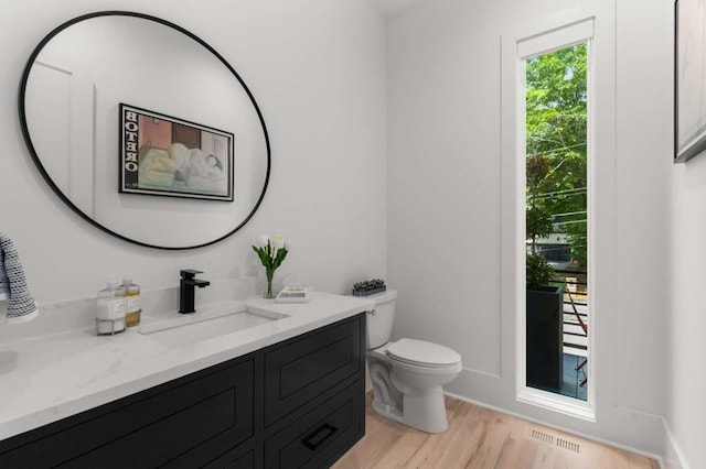 bathroom with wood finished floors, toilet, and vanity
