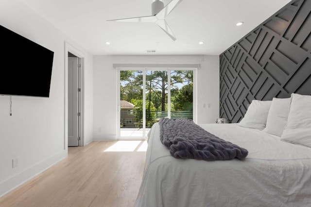 bedroom featuring access to exterior, wood finished floors, baseboards, recessed lighting, and ceiling fan