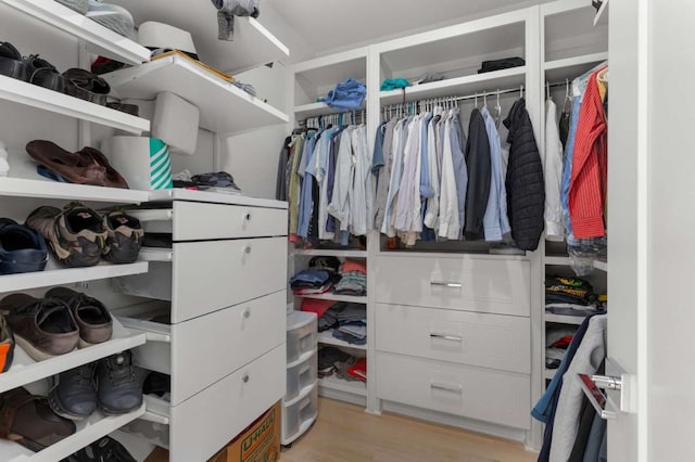 walk in closet with light wood-type flooring